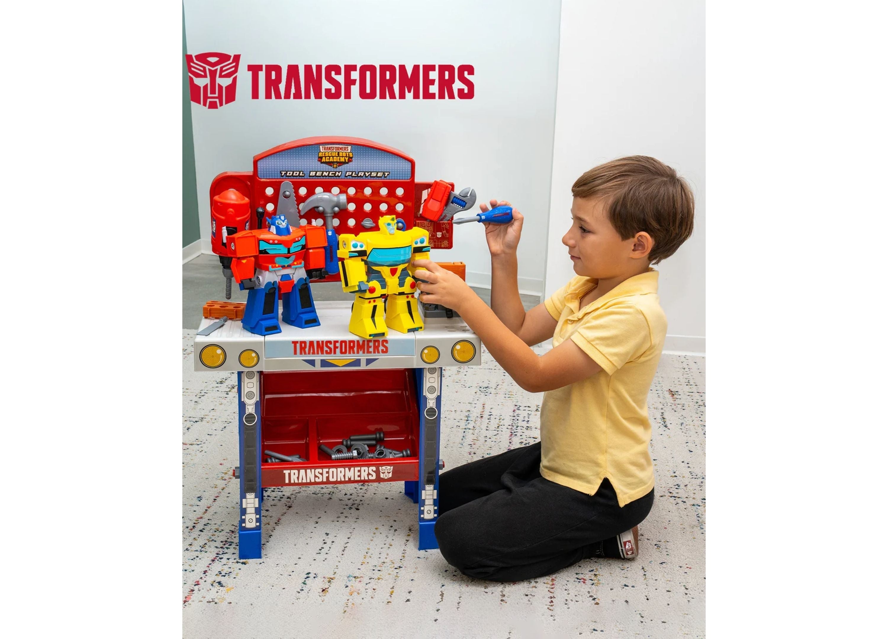 Transformers Rescue Bots Academy Tool Bench Playset With Take-Apart Bumblebee & Optimus Prime - 68 Pieces