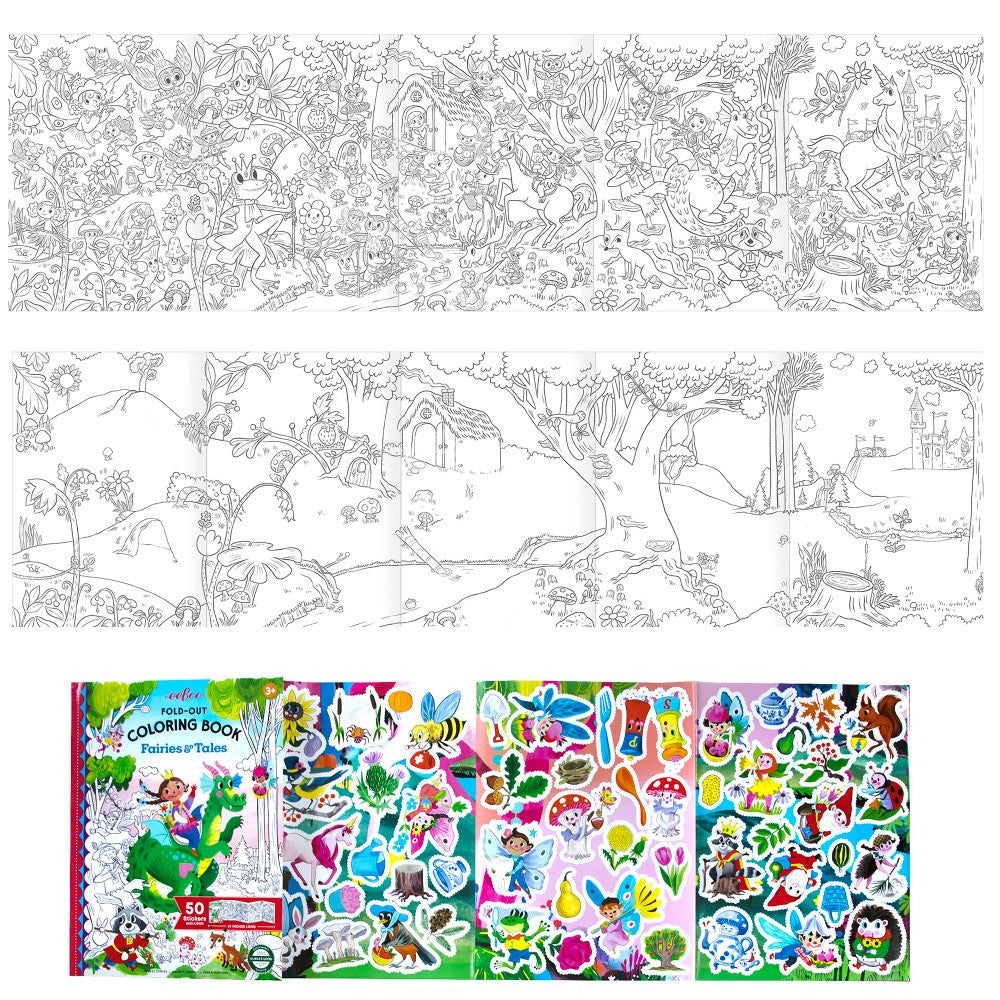 eeBoo Fairies & Tales Fold-Out Coloring Book with Stickers - Ages 3+