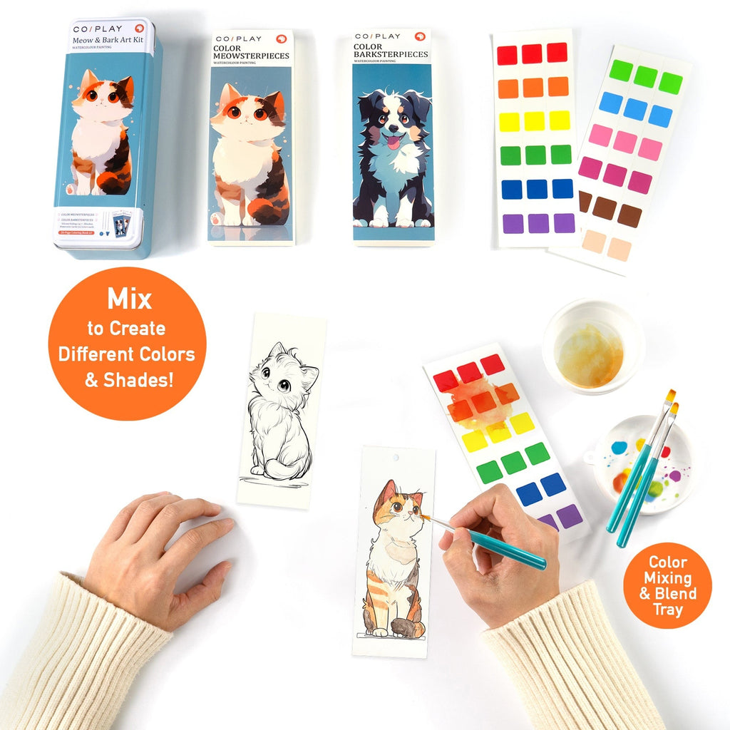 COIPlay Meow & Bark Watercolor Art Kit With 648 Paint Blocks And 52 Animal Bookmarks