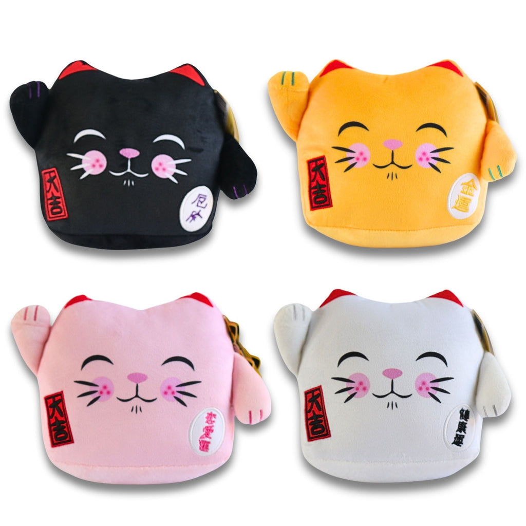 Maneki Neko Lucky Charm Soft Velboa Cushion 8 inch - White Closed Eye
