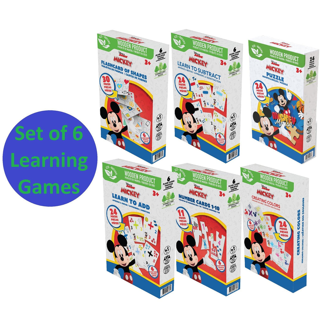 Disney Mickey Mouse 6-In-1 Wooden Learning Games Set With Bilingual Flashcards