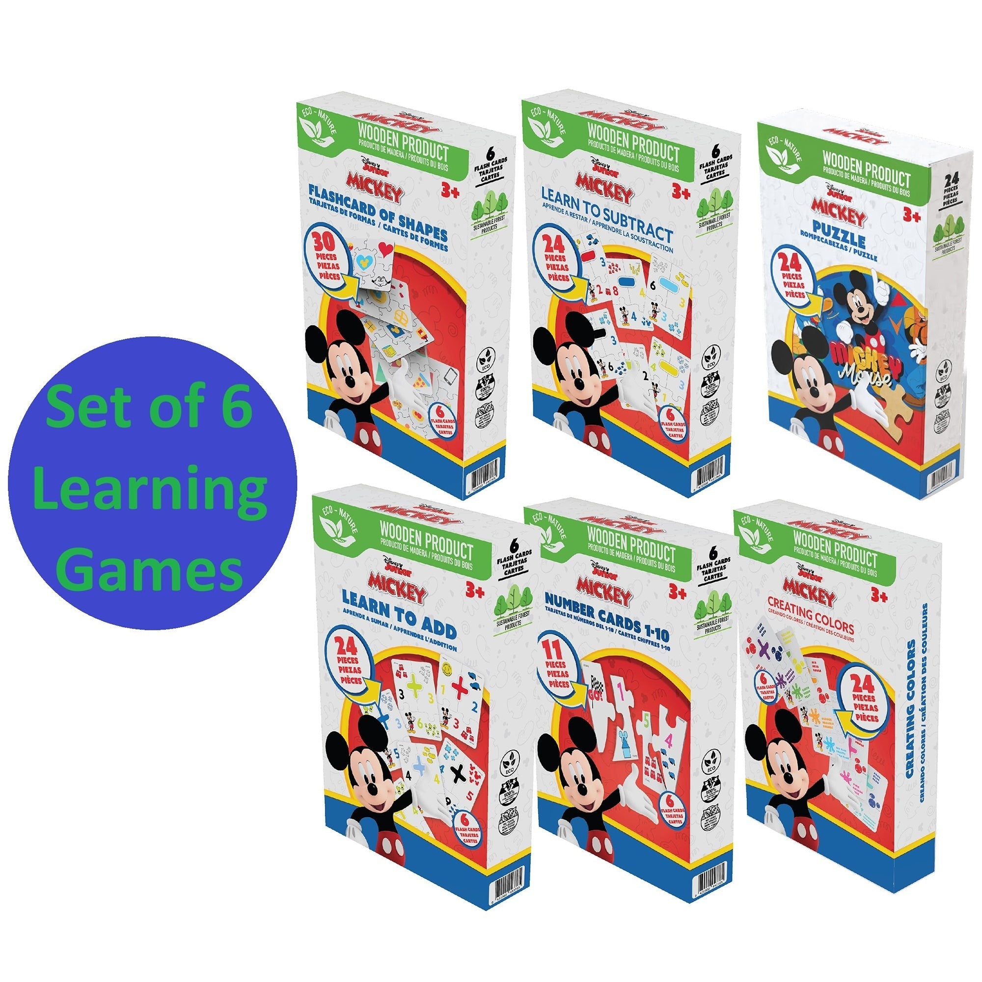 Disney Mickey Mouse 6-In-1 Wooden Learning Games Set With Bilingual Flashcards