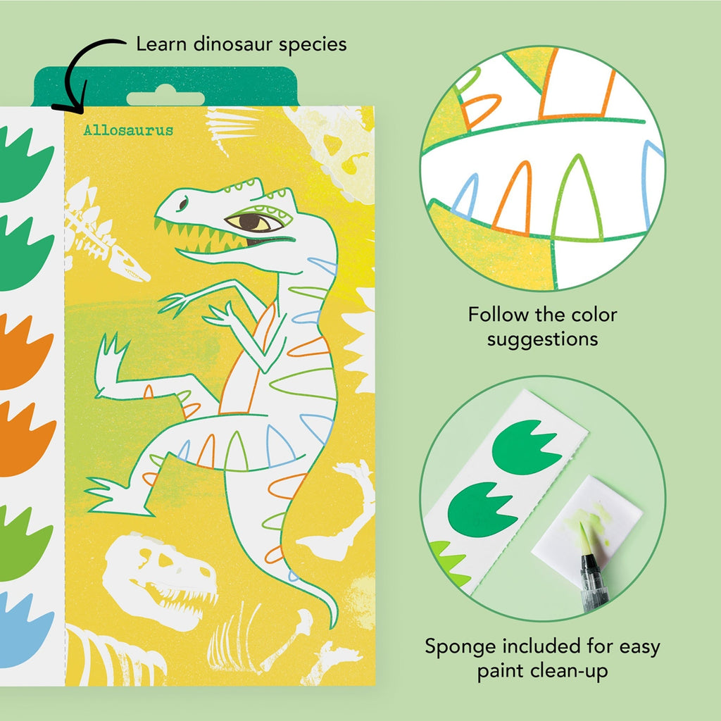 Tiger Tribe Dinosaur Watercolor Art Set - 16 Pages, Mess-Free Paint Brush