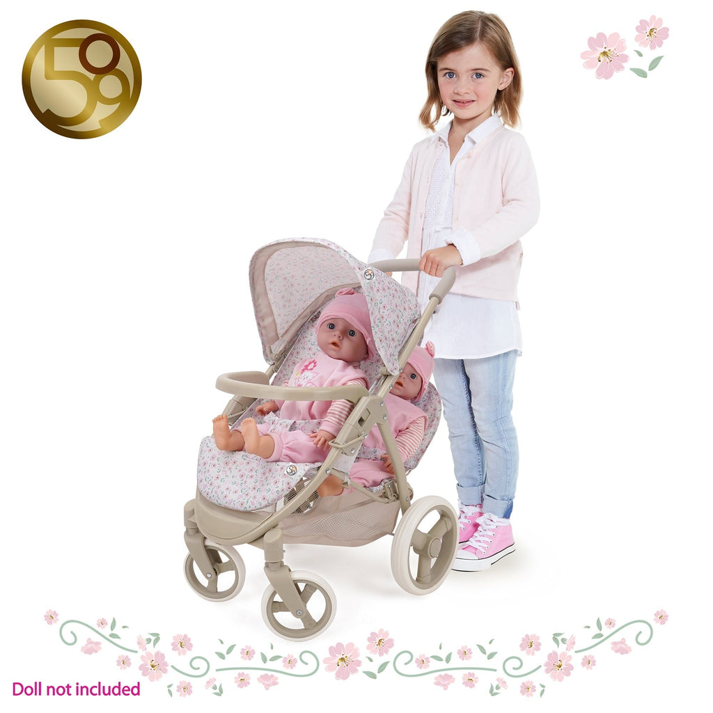 Little Flora Mabelle Duo Twin Doll Stroller with Canopy, Pretend Play Set