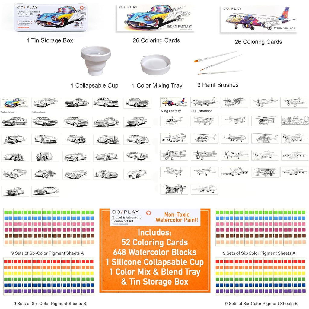 COIPLAY Watercolor Art Kit - Travel & Adventure - 648 Colors, 52 Bookmarks, Brushes & Tin Case