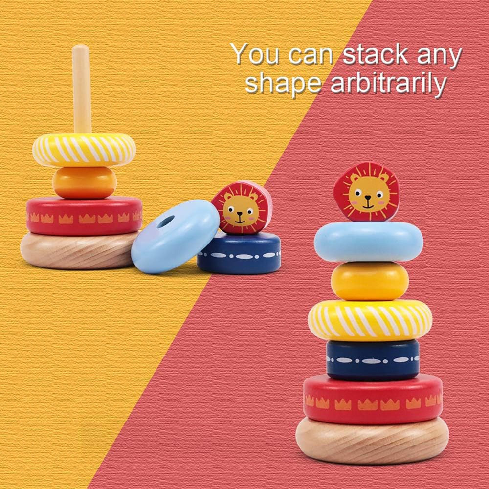 LEO & FRIENDS Lion-Top Wooden Stacking Ring Toy - Colorful