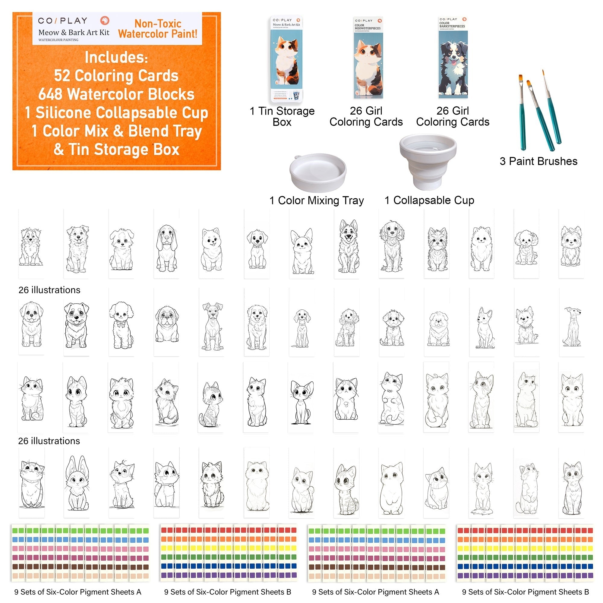 COIPlay Meow & Bark Watercolor Art Kit With 648 Paint Blocks And 52 Animal Bookmarks