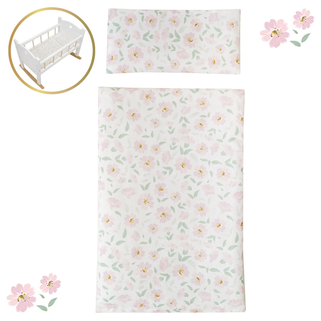 Little Flora Wooden Doll Cradle With Mattress And Pillow - Floral Nursery Roleplay Set
