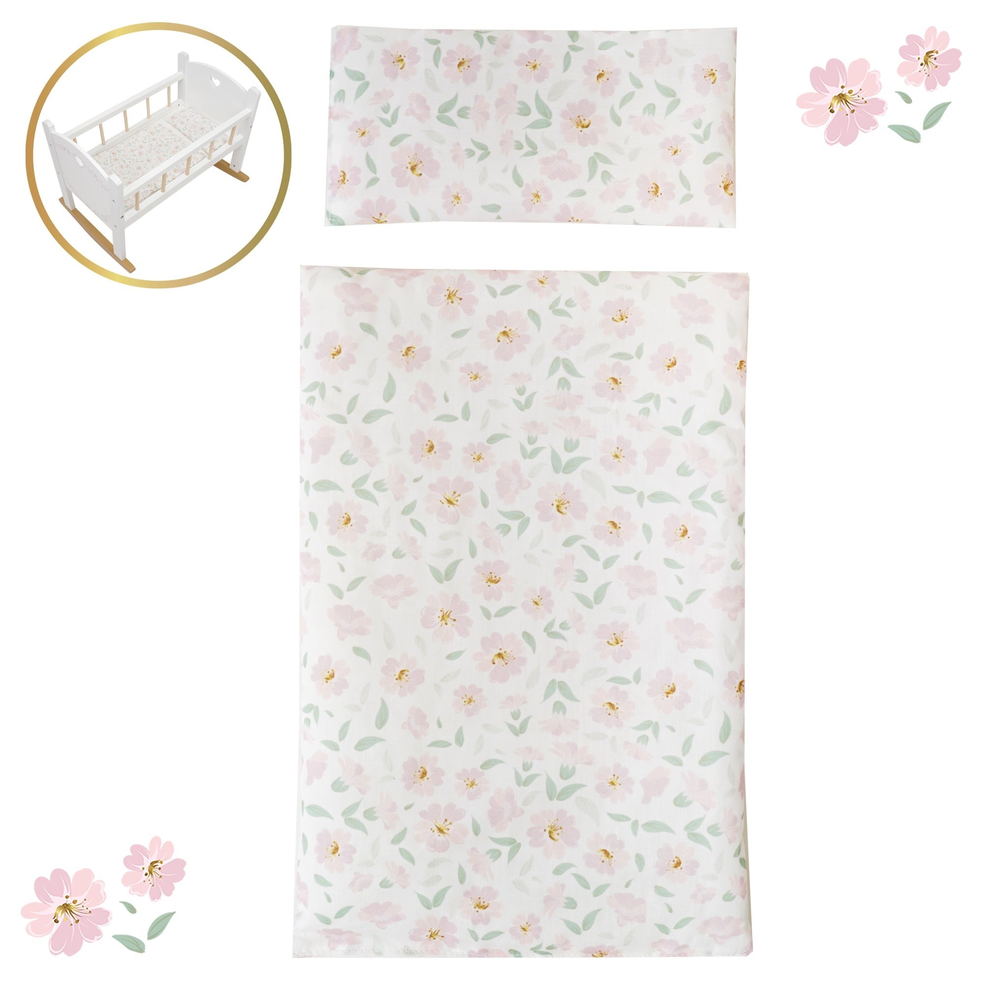 Little Flora Wooden Doll Cradle With Mattress And Pillow - Floral Nursery Roleplay Set