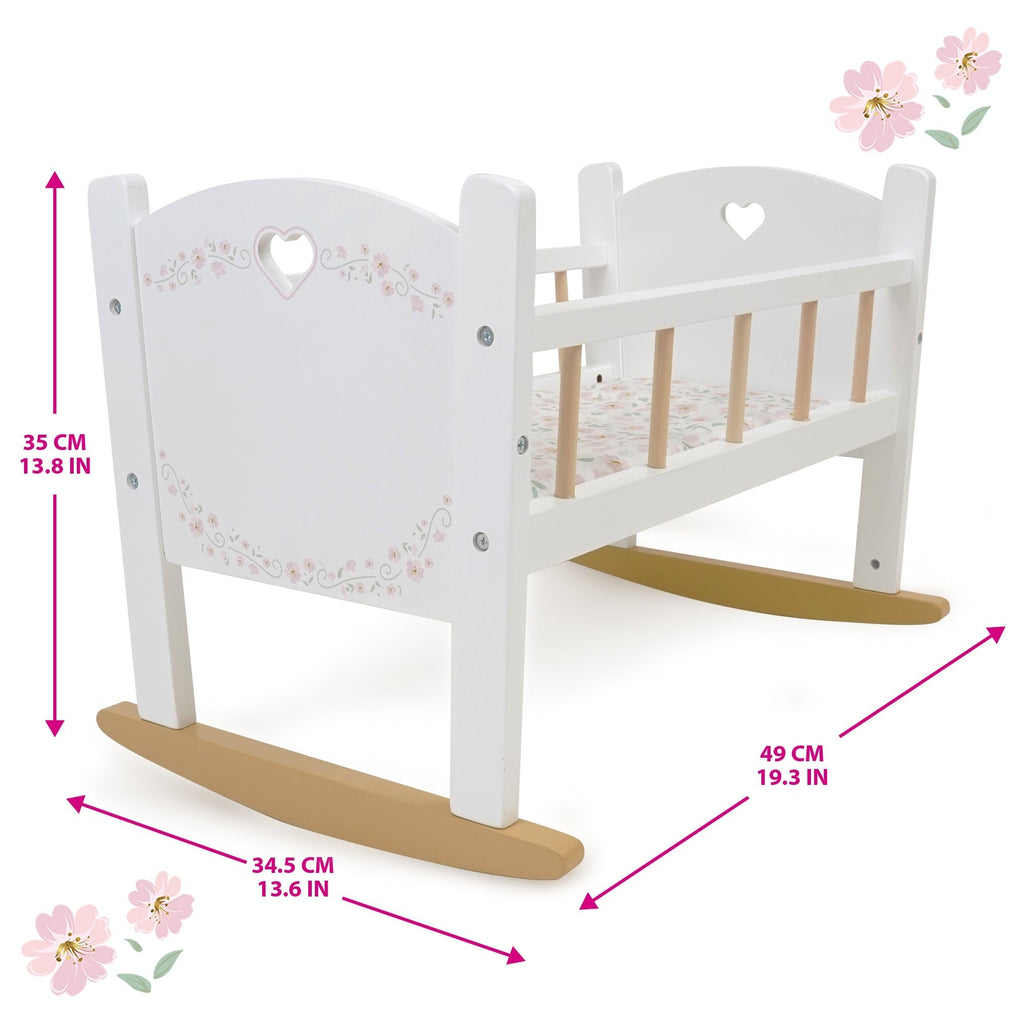 Little Flora Wooden Doll Cradle With Mattress And Pillow - Floral Nursery Roleplay Set