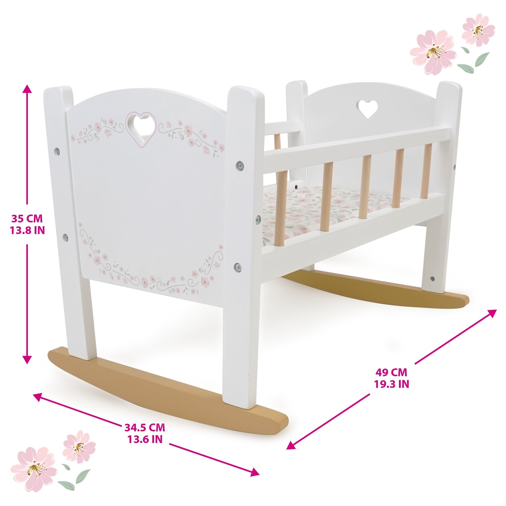 Little Flora Wooden Doll Cradle With Mattress And Pillow - Floral Nursery Roleplay Set