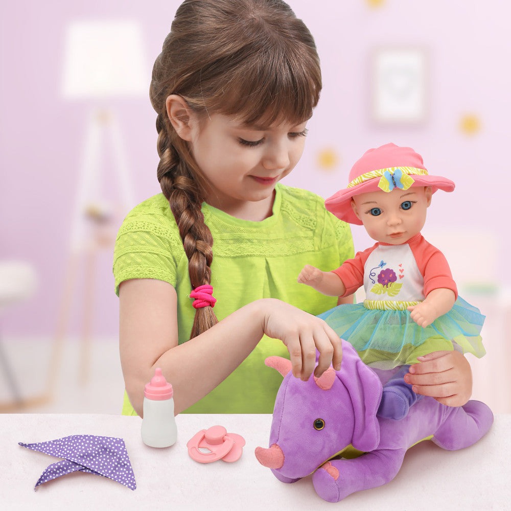 Little Darlings: Hop On Baby & Plush Dino - 15" Baby Doll with Dinosaur Friend