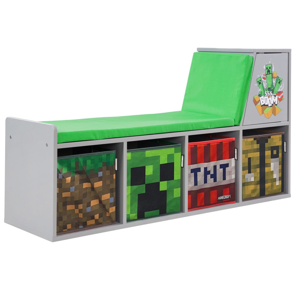 Minecraft Themed Wooden Storage Bench with Cushioned Reading Shelf