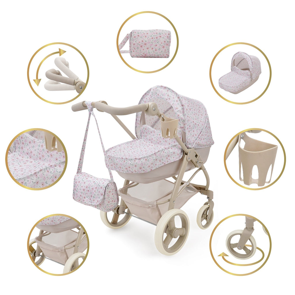 509 Crew Little Flora Bella 2-in-1 Doll Pram, Convertible Toy Stroller, 27.6-Inch
