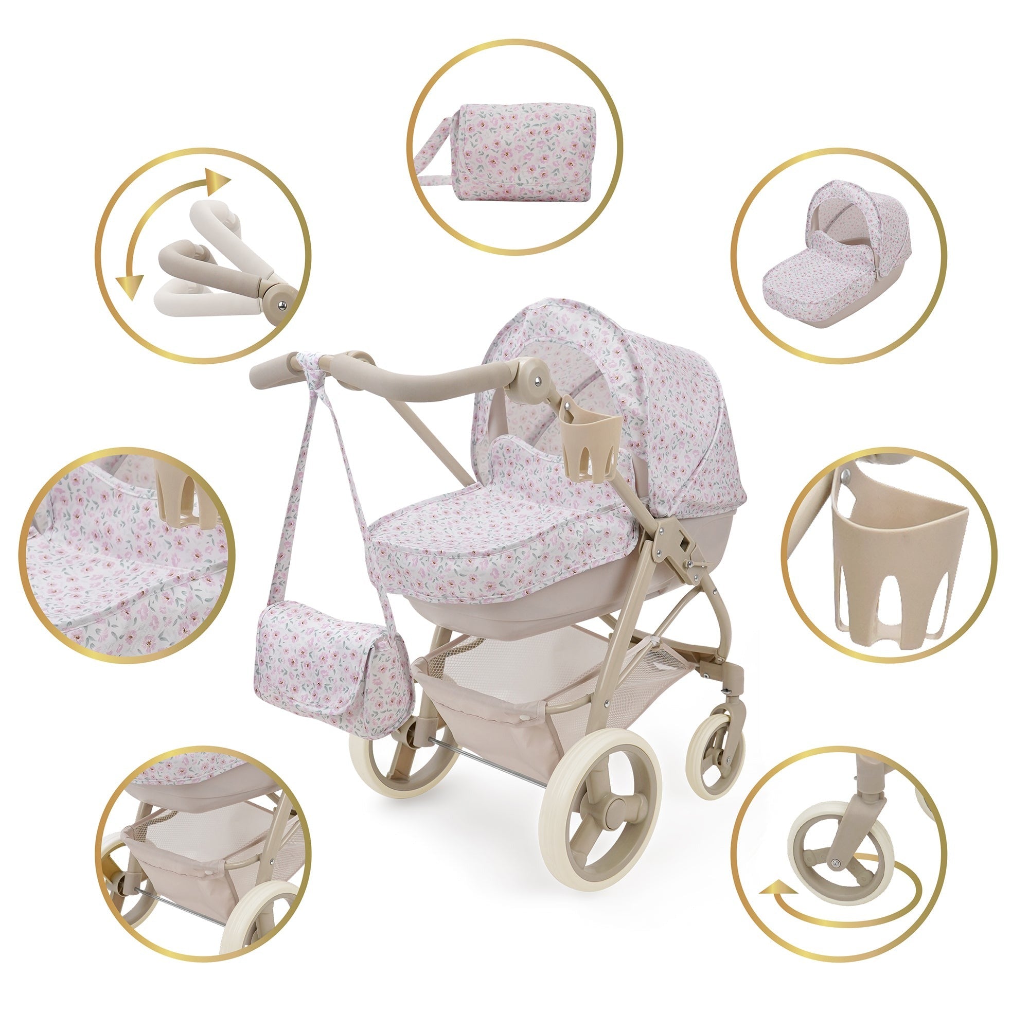 509 Crew Little Flora Bella 2-in-1 Doll Pram, Convertible Toy Stroller, 27.6-Inch