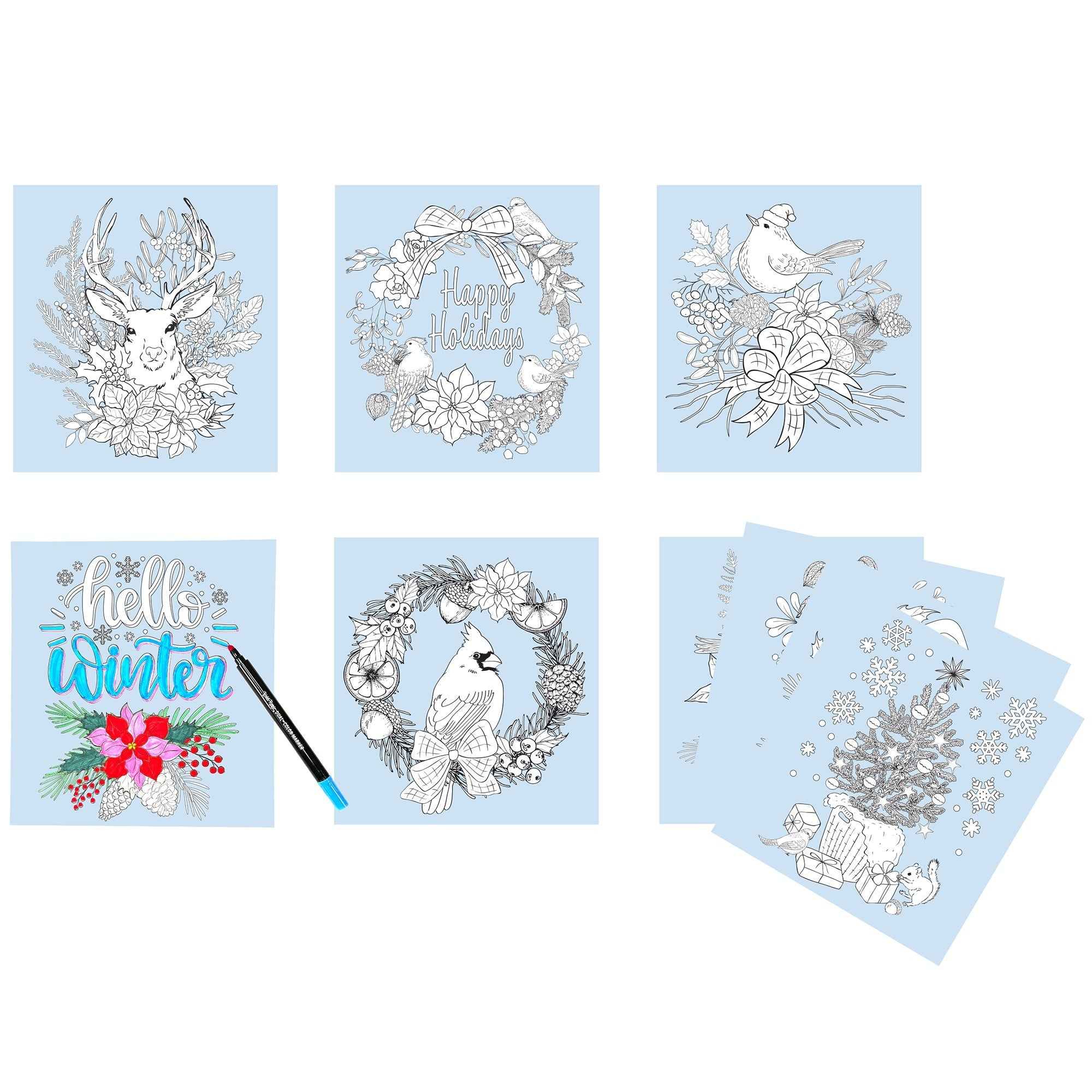Vivid By Brea Reese Cardinal Holiday Marker Coloring Kit With 12 Pages And 5 Dual-Sided Markers