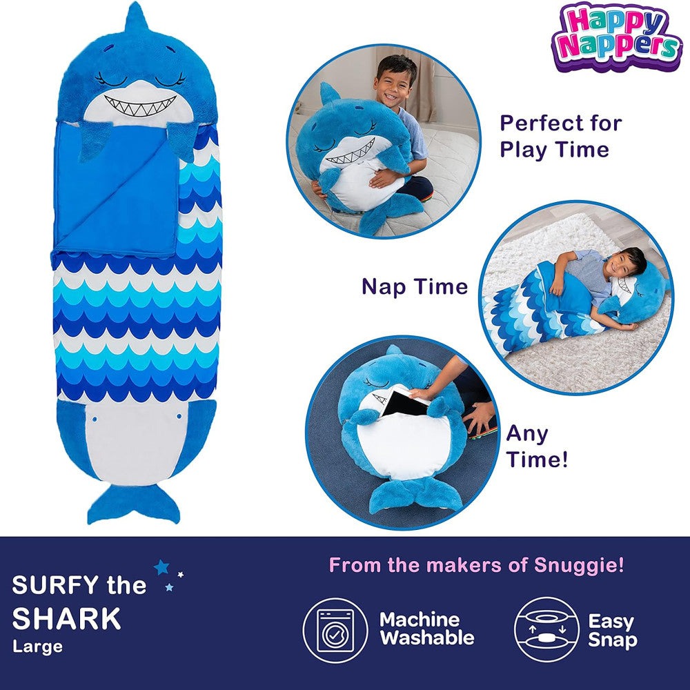 Happy Nappers Blue Shark 66 inch Plush Pillow & Sleepy Sack - Large