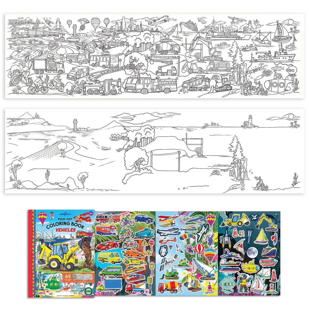 Eeboo Vehicles Fold-Out Coloring Book With Stickers - Double-Sided