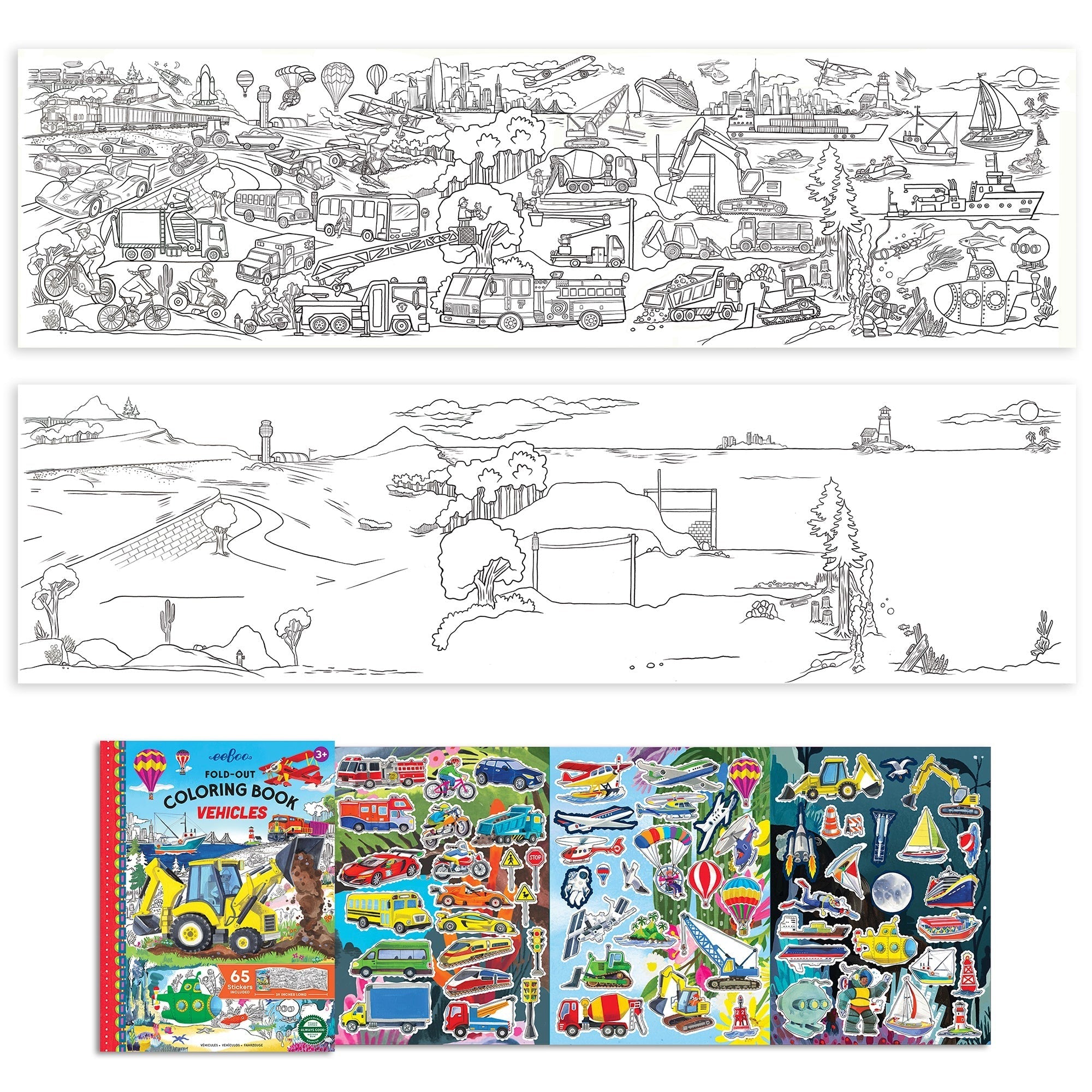 Eeboo Vehicles Fold-Out Coloring Book With Stickers - Double-Sided
