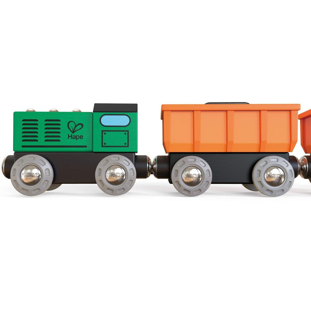 Hape Diesel Freight Train Set - Green & Orange 3pc Wooden Locomotive