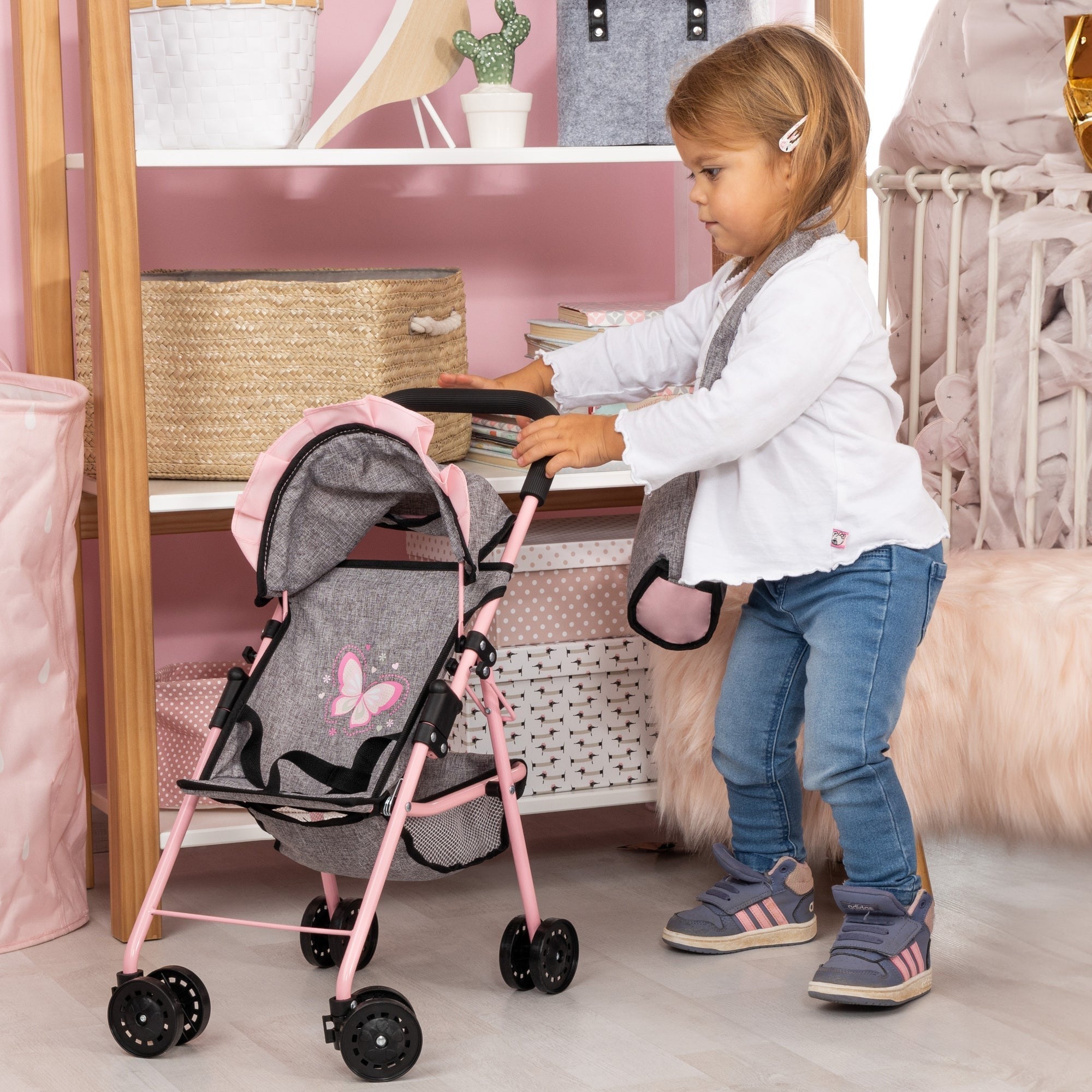 Bayer Design Doll Buggy - Play Stroller, Grey with Pink Butterfly Motif
