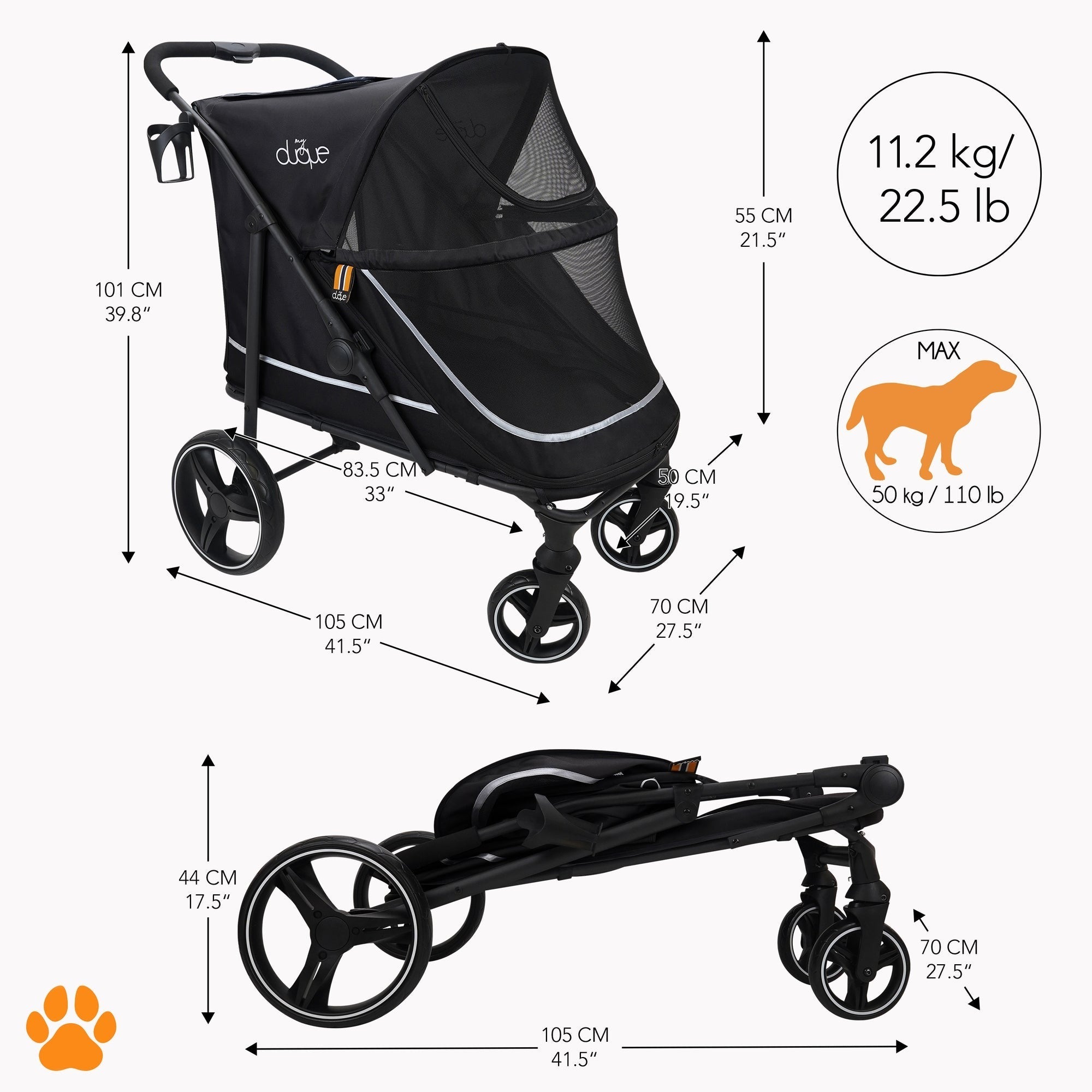 My Duque CHAMP Big Pet Stroller With Raincover - Dogs Up to 110 Lbs - Black