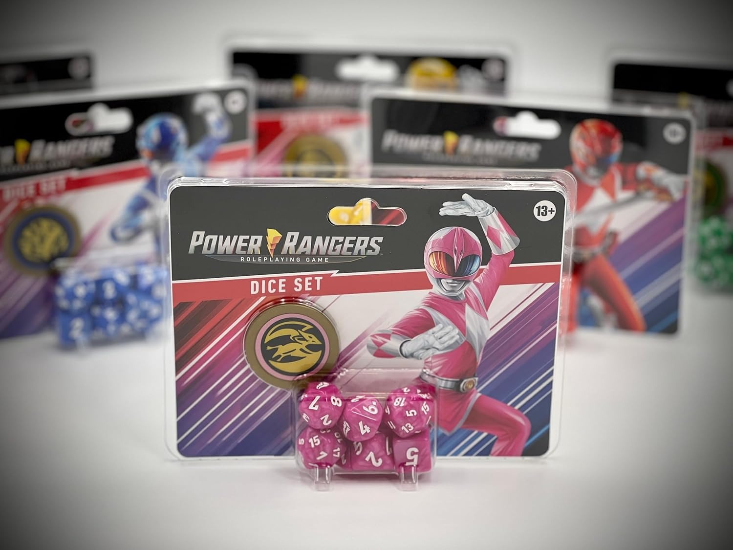 Power Rangers RPG Pink 8-Piece Custom Dice Set with Power Coin