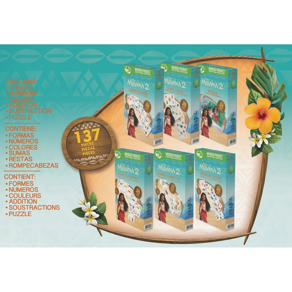 Disney Moana 2 Bilingual Learning Games 6-In-1 Wooden Flash Cards Set
