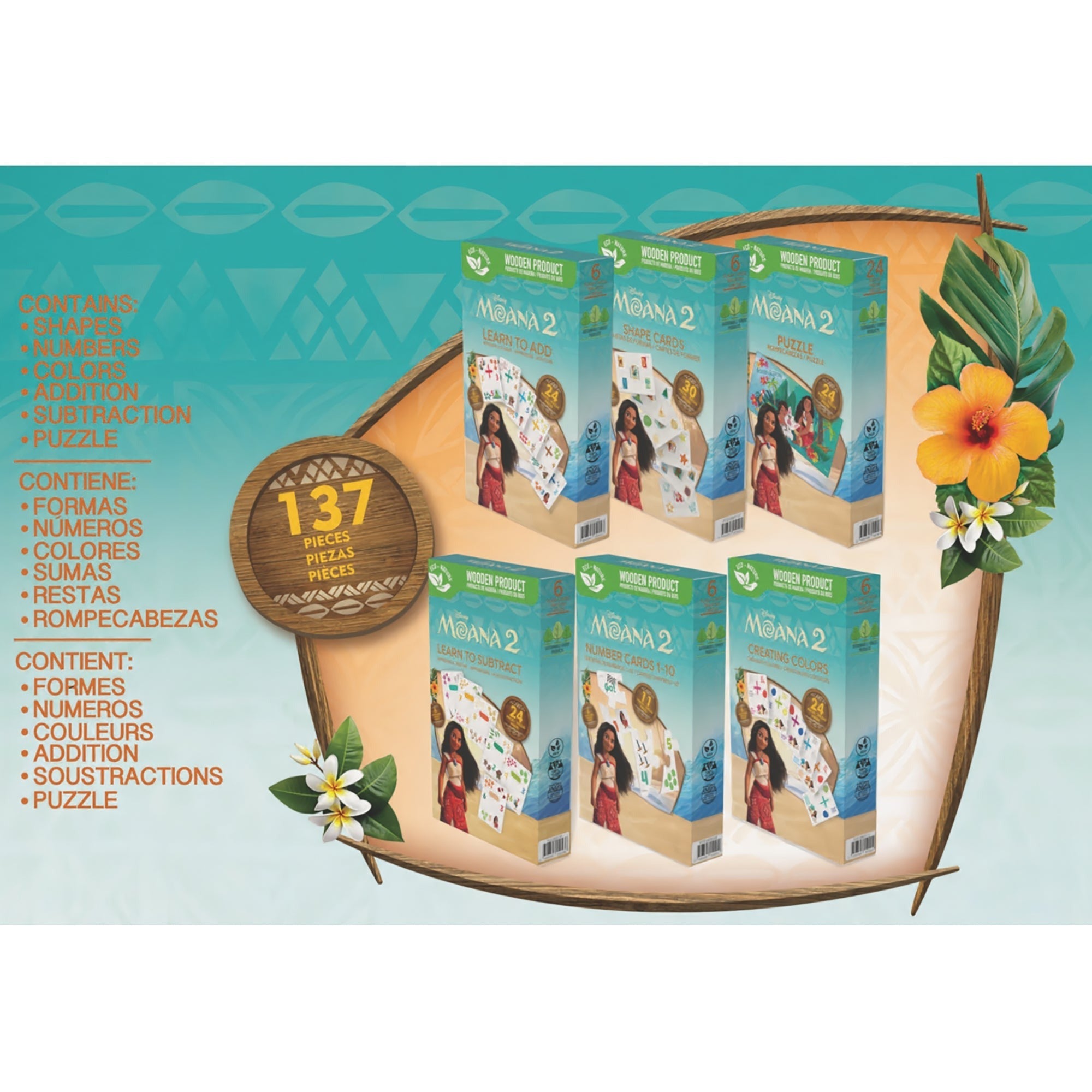 Disney Moana 2 Bilingual Learning Games 6-In-1 Wooden Flash Cards Set