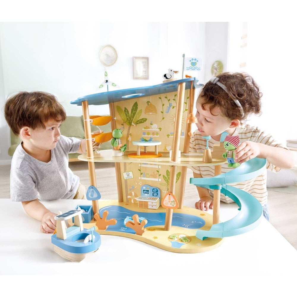 Hape Ocean Rescue Playset - 47pc Wooden 2-Level Doll House with Slide