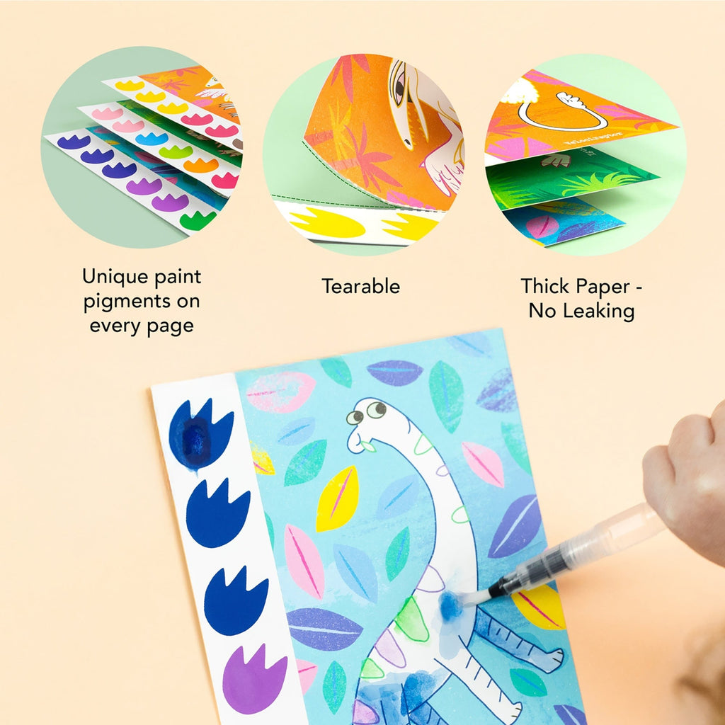 Tiger Tribe Dinosaur Watercolor Art Set - 16 Pages, Mess-Free Paint Brush