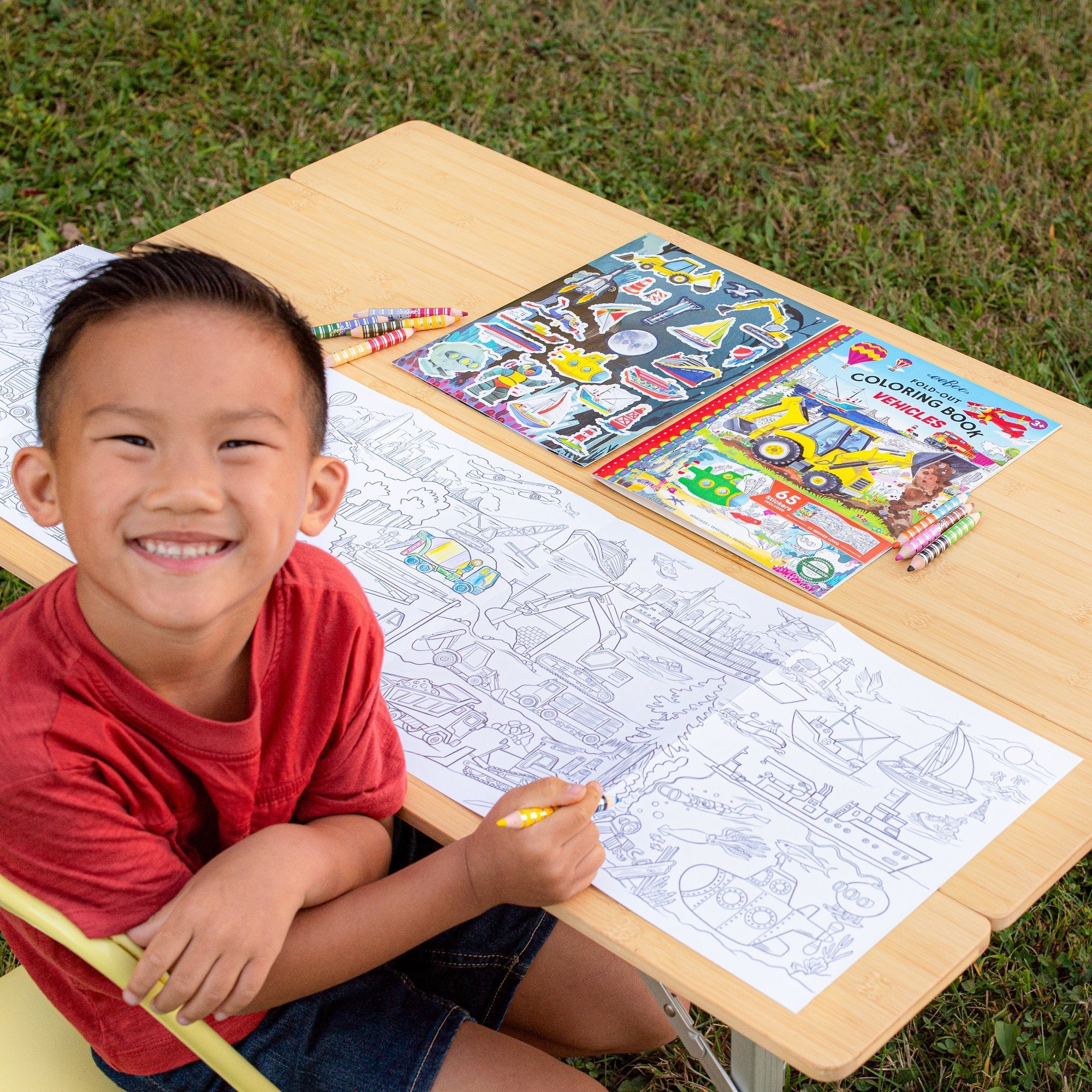 Eeboo Vehicles Fold-Out Coloring Book With Stickers - Double-Sided