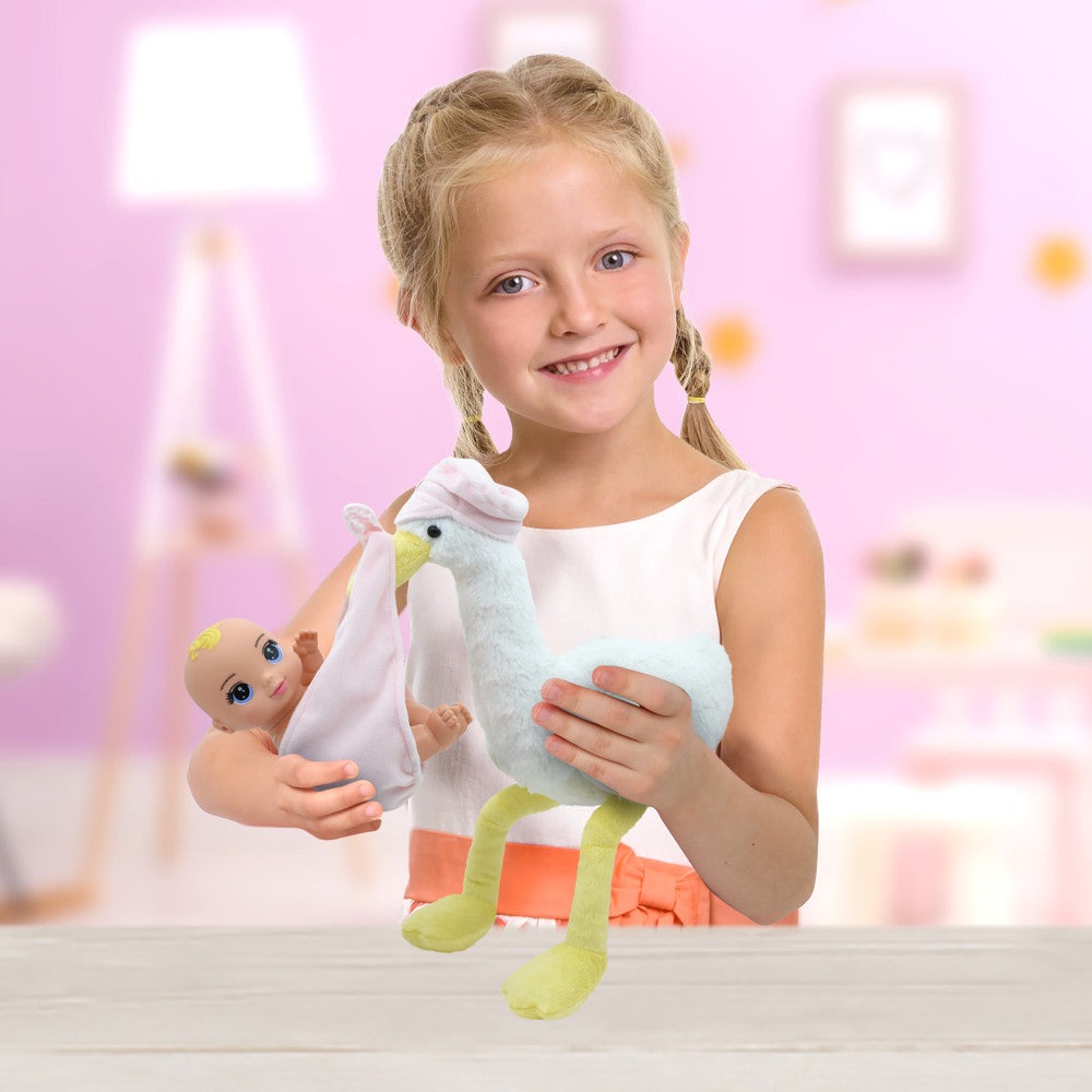 Magic Nursery 8-inch Special Delivery Set - Posable Newborn Baby Doll with Plush Stork, Pink