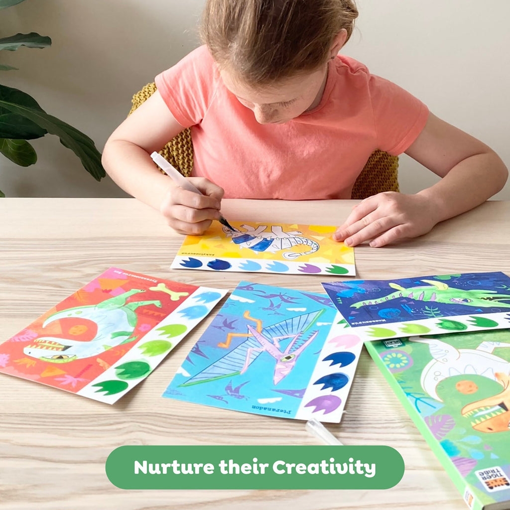 Tiger Tribe Dinosaur Watercolor Art Set - 16 Pages, Mess-Free Paint Brush
