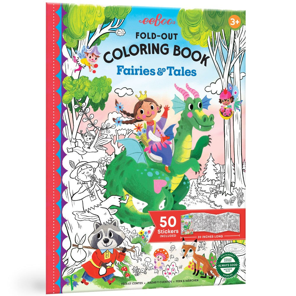 eeBoo Fairies & Tales Fold-Out Coloring Book with Stickers - Ages 3+