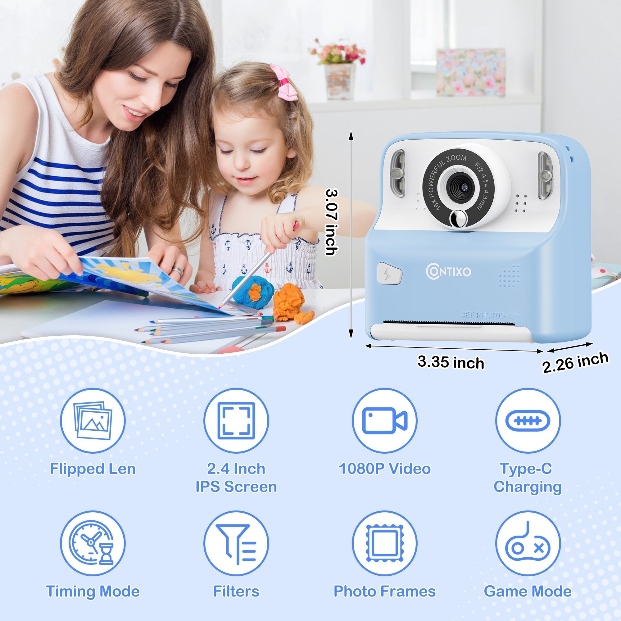 Contixo Instant Print Kids Camera Bundle, Kids & Toddlers 3 -12, 2.4" IPS Screen, 1080P, 26MP, Digital Camera + Video, 16x Zoom, Built-In Filters, Games & MP3 Player - Blue