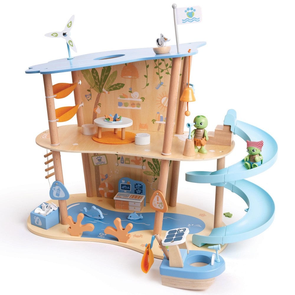 Hape Ocean Rescue Playset - 47pc Wooden 2-Level Doll House with Slide