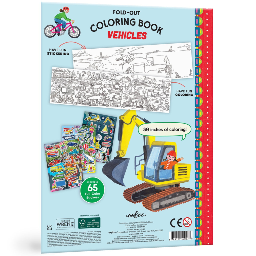 Eeboo Vehicles Fold-Out Coloring Book With Stickers - Double-Sided