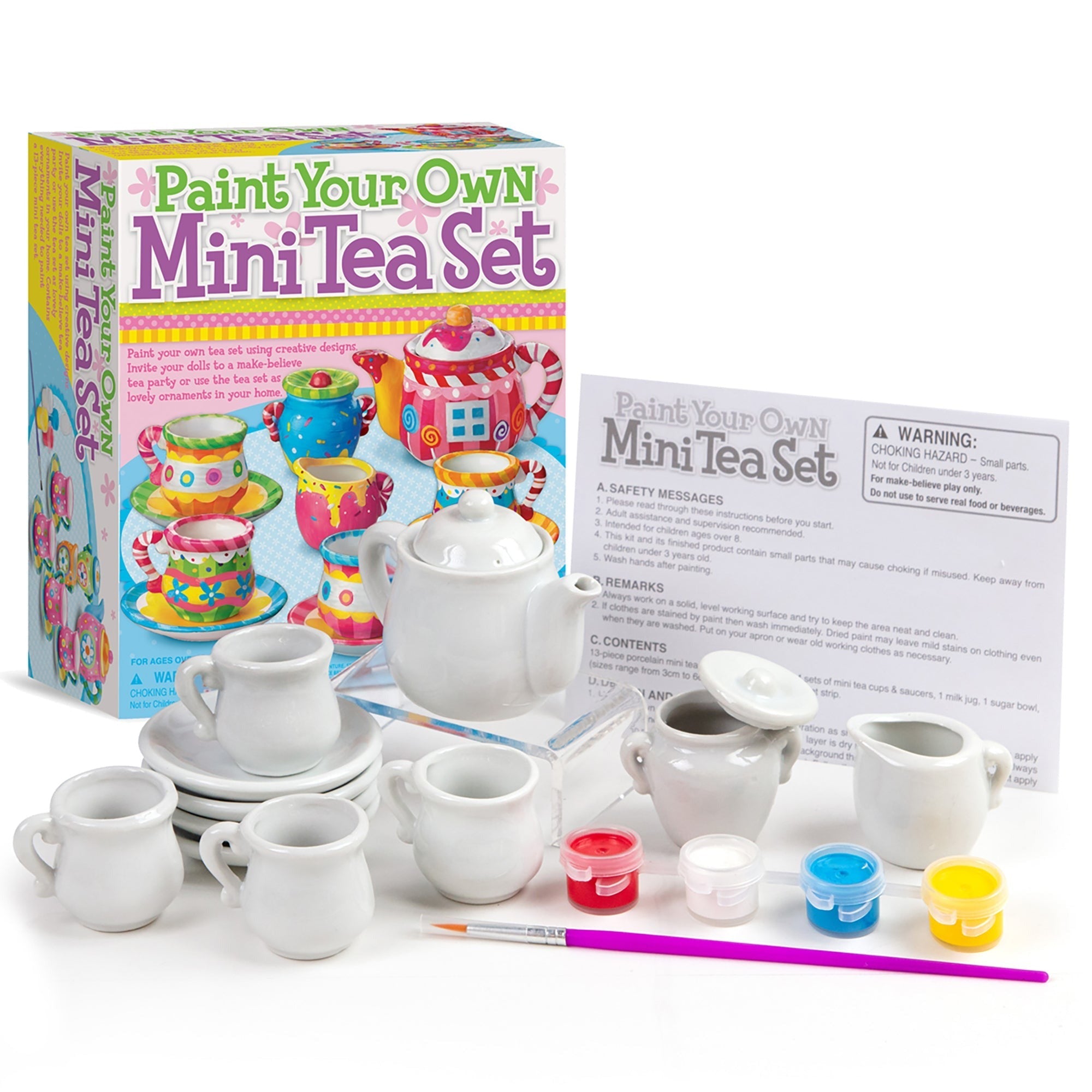 KidzMaker Paint Your Own Mini Tea Set 13-Piece Porcelain Craft Kit