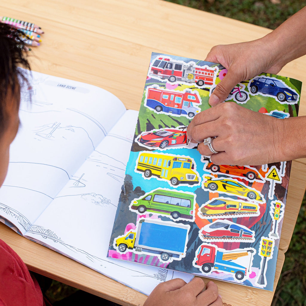 Eeboo Vehicles Fold-Out Coloring Book With Stickers - Double-Sided
