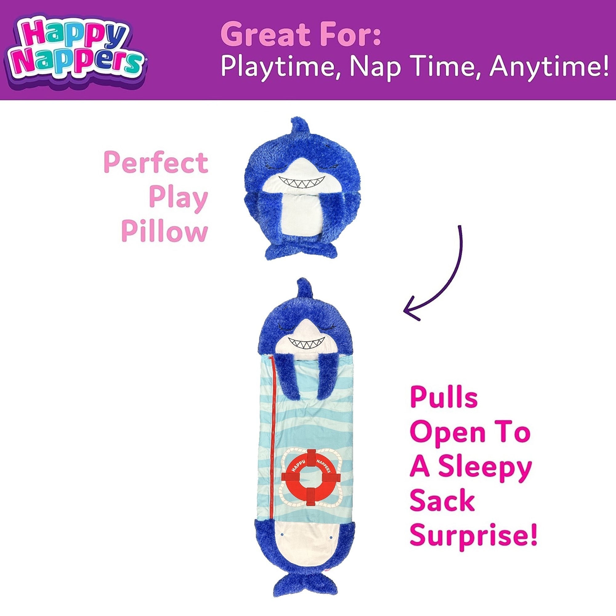 Happy Nappers Blue Shark Pillow & Sleepy Sack, 54-Inch Plush
