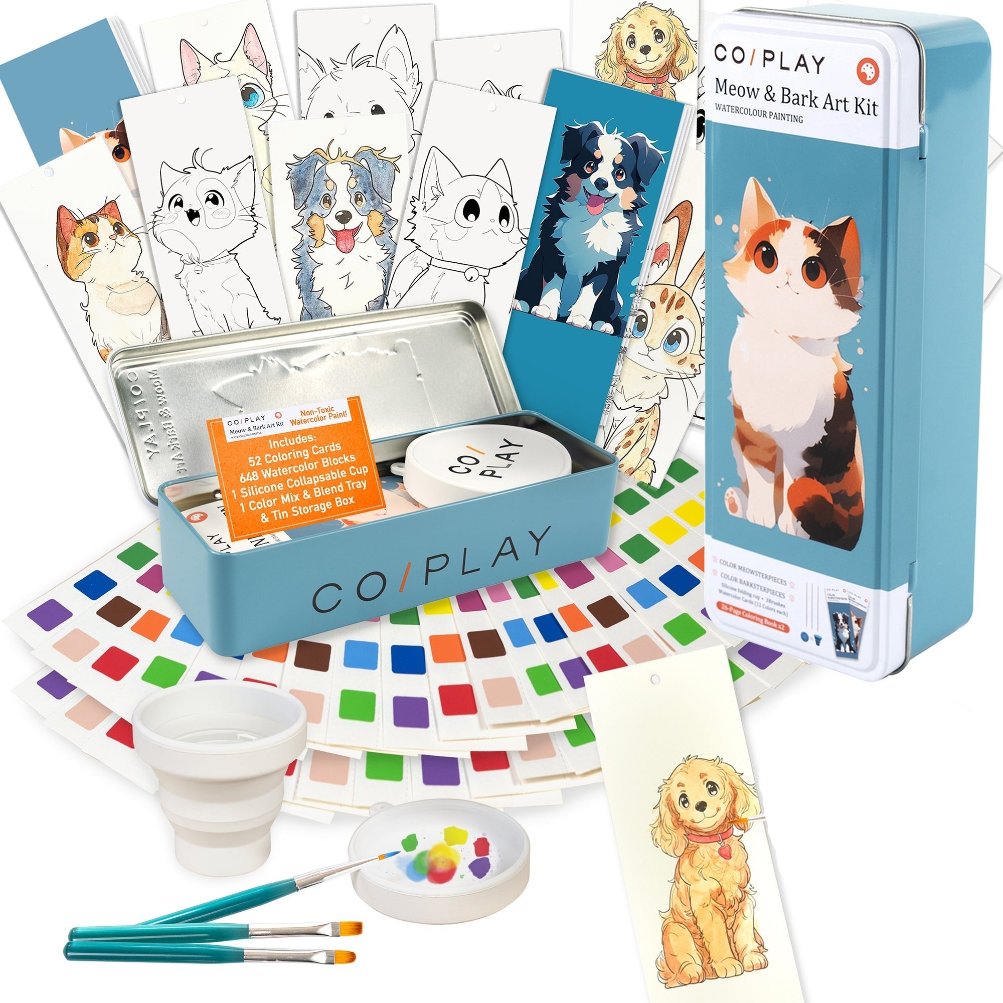 COIPlay Meow & Bark Watercolor Art Kit With 648 Paint Blocks And 52 Animal Bookmarks