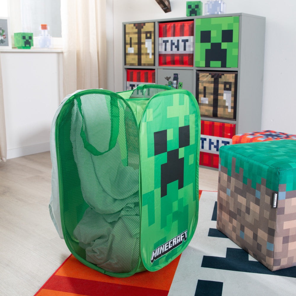 Minecraft Creeper Pop-Up Laundry Basket - Pixel Green Cube Design