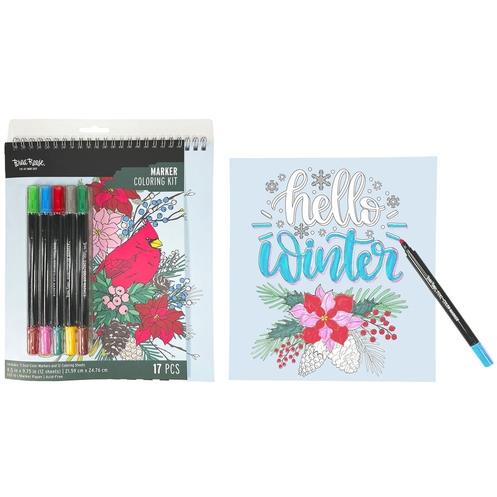 Vivid By Brea Reese Cardinal Holiday Marker Coloring Kit With 12 Pages And 5 Dual-Sided Markers