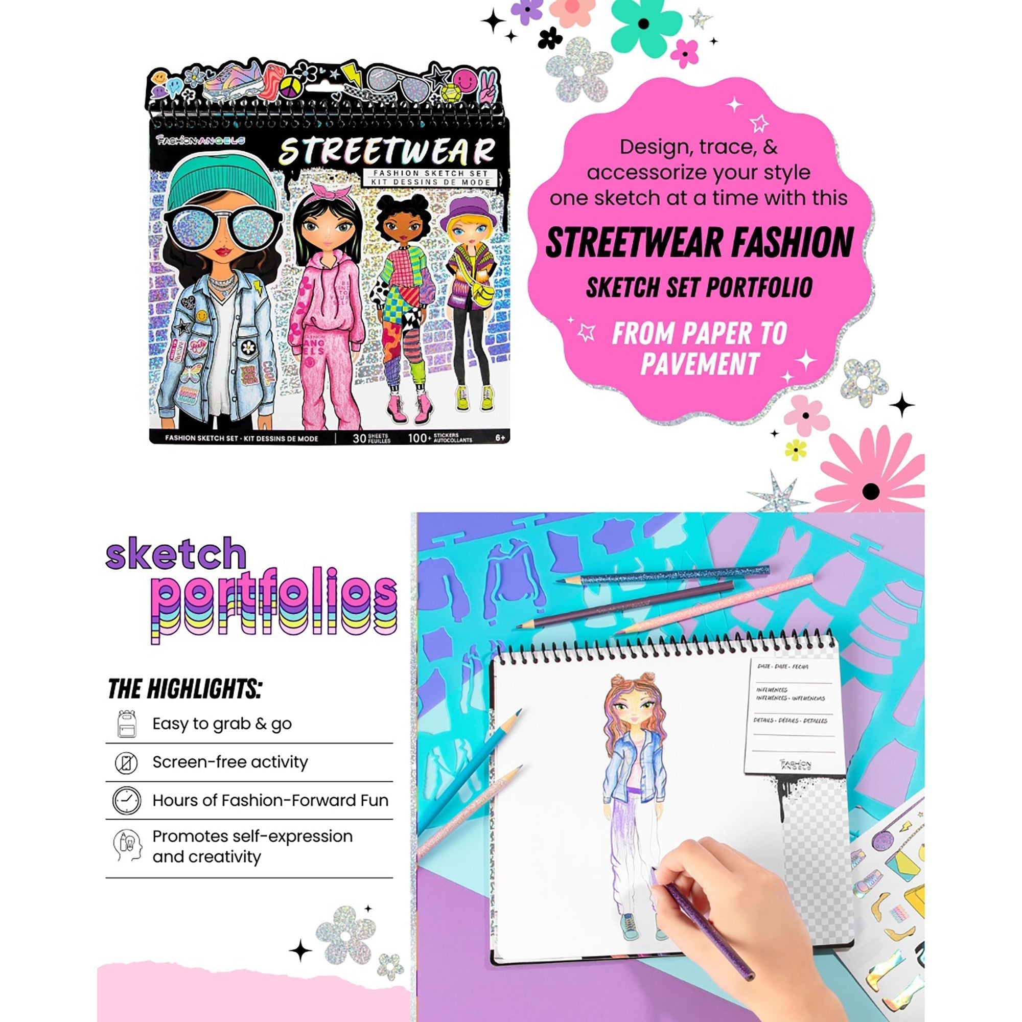 Fashion Angels Streetwear Sketch Portfolio With 30 Sheets And Stencils