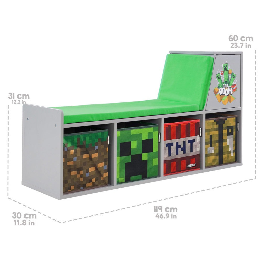 Minecraft Themed Wooden Storage Bench with Cushioned Reading Shelf