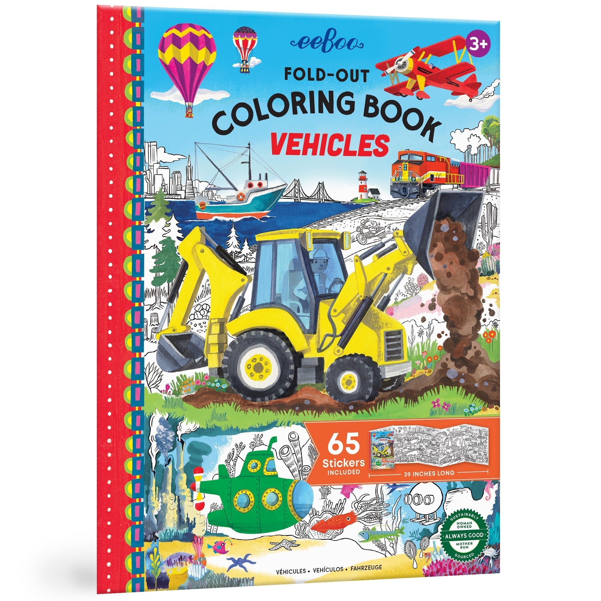 Eeboo Vehicles Fold-Out Coloring Book With Stickers - Double-Sided
