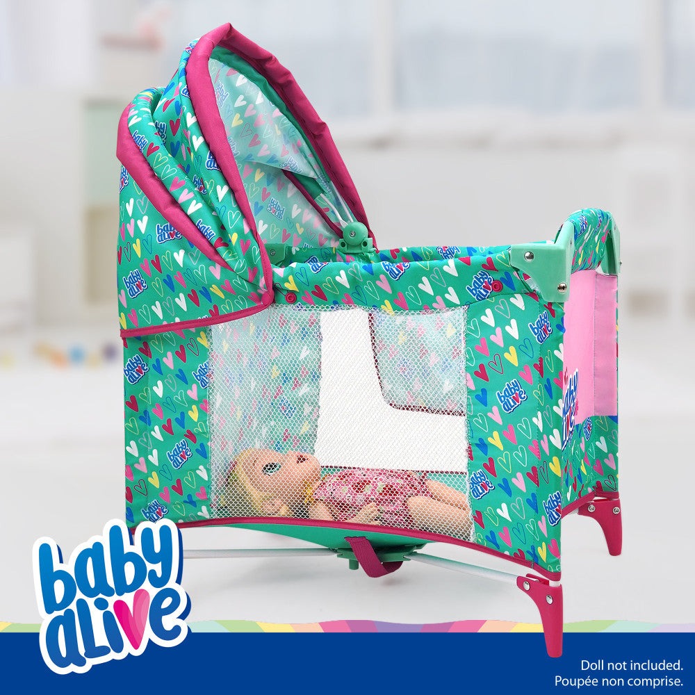 Baby Alive Deluxe Doll Play Yard with Canopy, Green & Pink Hearts