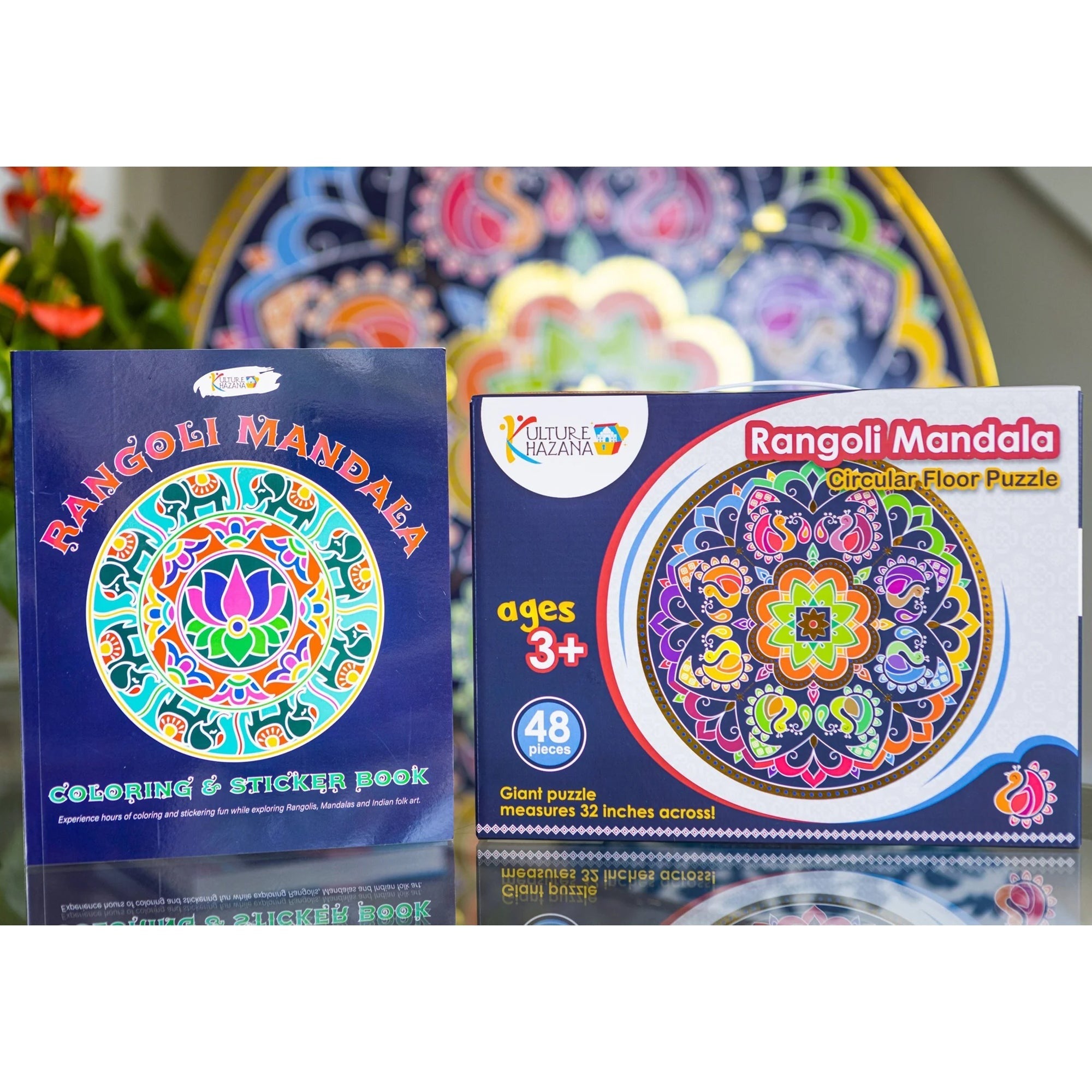 Kulture Khazana Rangoli Mandala 48-Piece Circular Floor Puzzle & Coloring Sticker Book Bundle