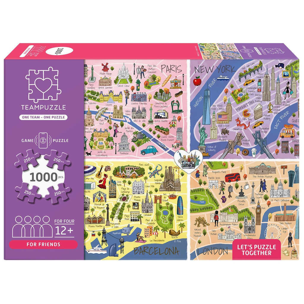 TEAMPUZZLE: City Trip 1000pc Puzzle, 4-Player Jigsaw Sections, 27x19 Inch